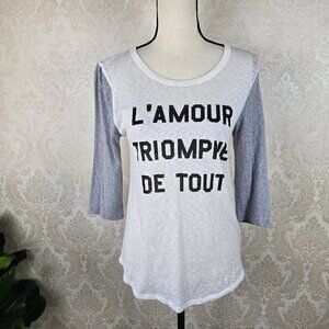 J Crew Size Small Baseball Tee Cream Gray Sleeves French "Love Conquers All"